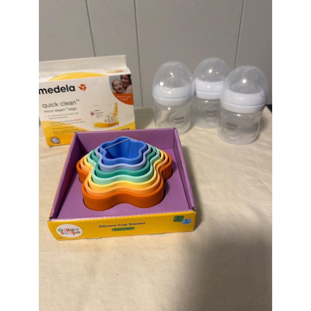 Giggle Scape Silicone Stacker Philips Avent Bottles Medela Steam Bags Bundle